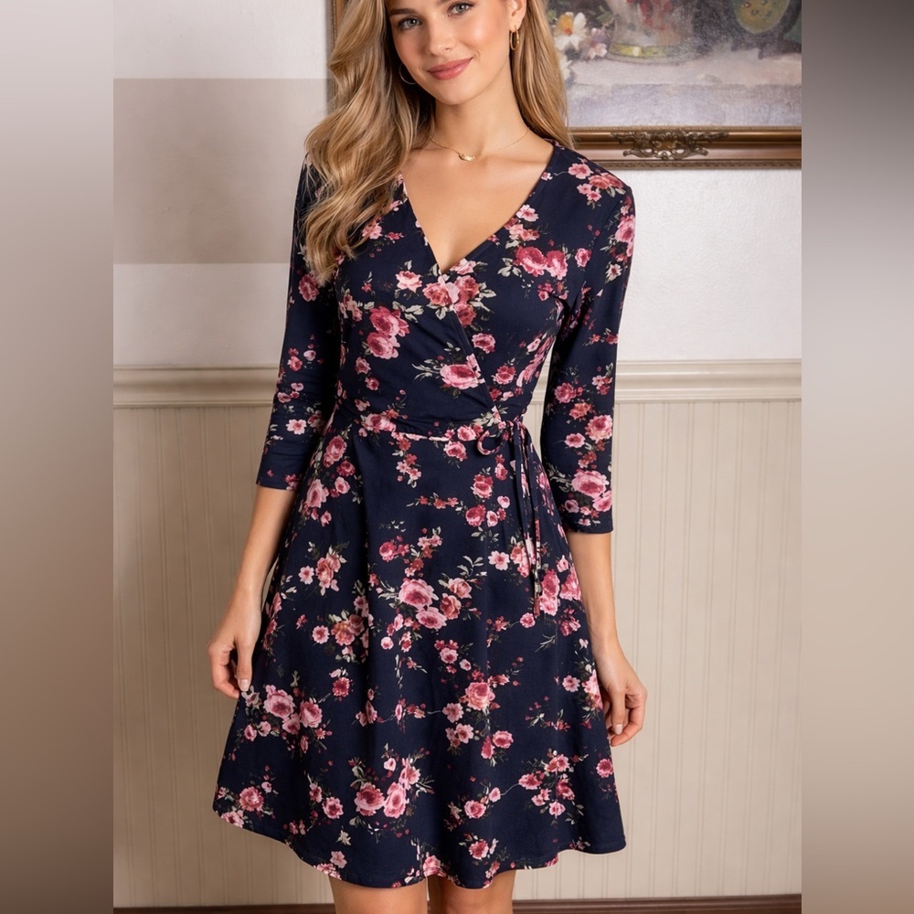 Iz Byer Faux Wrap Midi Dress Navy and pink Floral Soft Stretch, Size M